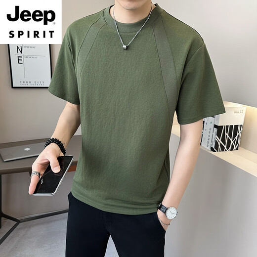 JEEP SPIRIT棉麻男士短袖t恤夏季新款2025设计感休闲圆领潮流百搭亚麻t恤衫男 9866绿色 2XL