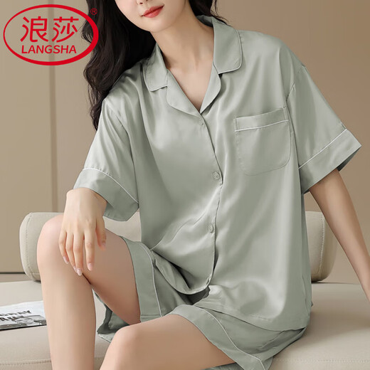 浪莎（LangSha）轻奢高端睡衣女士夏季薄款冰丝短袖短裤开衫简约家居服仿真套装 F-16802 M