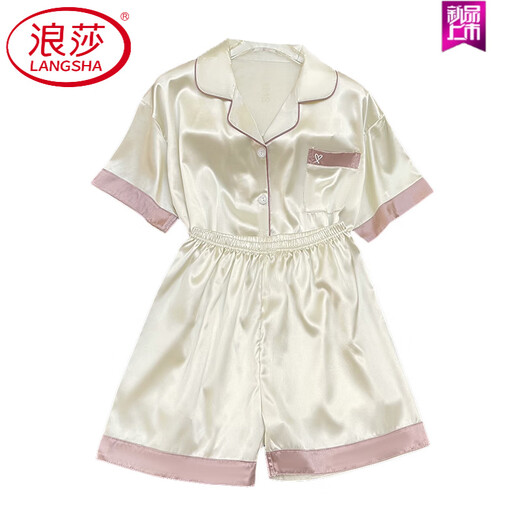 浪莎（LangSha）2025年新款冰丝睡衣女士短袖夏季薄款可外穿家居服套装春夏天 FS_9214#开衫双短 蕾丝口袋 M