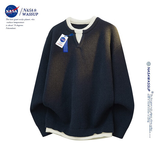 Nasawassup official fashion brand co-branded sweater men's autumn and winter Hong Kong style round neck fake two-piece sweater lazy style men's pullover worsted gray XL (recommended 140-160 Jin Jin equals 0.5 kg)