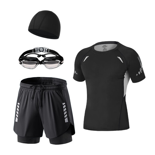 Allen Burton swimsuit men's swimming complete equipment double-layer quick-drying anti-embarrassing swimming trunks swimming cap swimming goggles 2025 new black gray swimming cap + swimming goggles + swimsuit + swimming trunks L 115-130Jin Jin equals 0.5 kg
