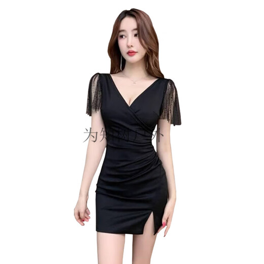 Für Zhishu Nightclub KTV sexy Kleid für Frauen Deep V Kleid Spa Fußbademassage Techniker Arbeit Kleidung Hip Rock Nachtclub 3882 Black + XL Empfohlen 115-125Jin [Jin ist gleich 0,5 kg]
