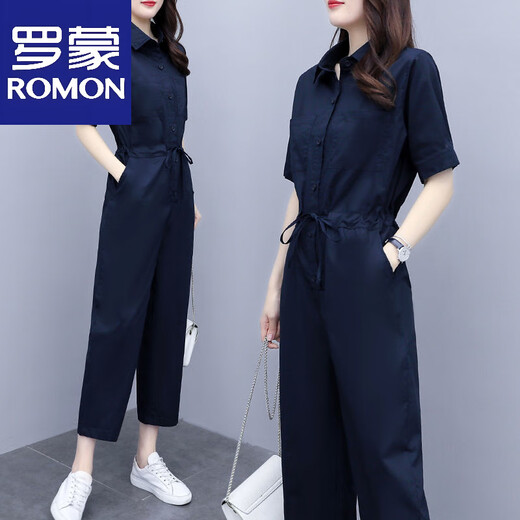 Romon (Romon) 2025 Sommer New Ice Seide Koreanische Version High-T-Kurzärmel-Jumpsuit Taille und schlanker modischer Gelegenheitsanzug Navy Blue S 85-95jin [Jin entspricht 0,5 kg]