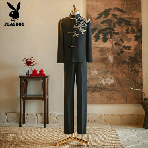 Playboy (PLAYBOY) new Chinese style Xiuhe suit groom tunic suit wedding suit heavy industry suit jacket men's engagement black toast suit Panlong style 2XL