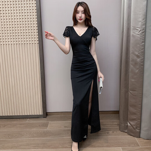 Miehone Temperament Sauna Vestido sexy Masaje de baño largo Masaje de trabajo Slim Vestido delgado Masaje de pie Masaje Técnico 3882 Negro 3xl