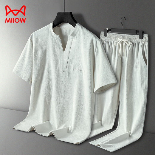 Catman (Miiow) 2025 Neue Pyjamas-Sommermodal-Ice-Seiden-Kurzärmel-Hosen Herren-Outfits können zu Hause Kleidung tragen 9906 Graublau [Kurzärärmel + Shorts] Set XL [105-120jin [Jin gleich 0,5 kg]]