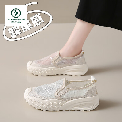 Specht Fisherman's Schuhe für Frauen 2025 Sommer Neues dickes alleiniges Netz atmungsaktives Spitzenstil ein Pick kleiner Geschmacksstil Casual Sports 688 Beige 40 40