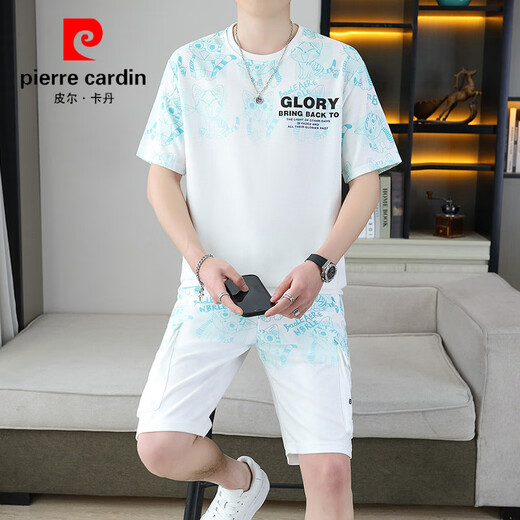 皮尔卡丹（pierre cardin）2025夏季新款短袖套装男青少年百搭短裤休闲运动两件套渐变色男装 6187蓝色 M
