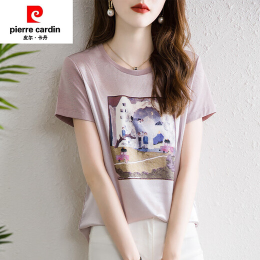 Pierre Cardin (Pierre Cardin) Mulberry Seide 100% Cut Standard Counter Summer Printed Seide Kurzärärtes T-Shirt für Frauen Mulberry Seiden Top 6167 Weiß S