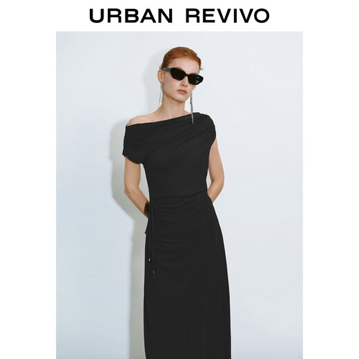UR[HOT]2025 autumn new women's clothing style thin belt off-shoulder collar dress UWG750210 black M