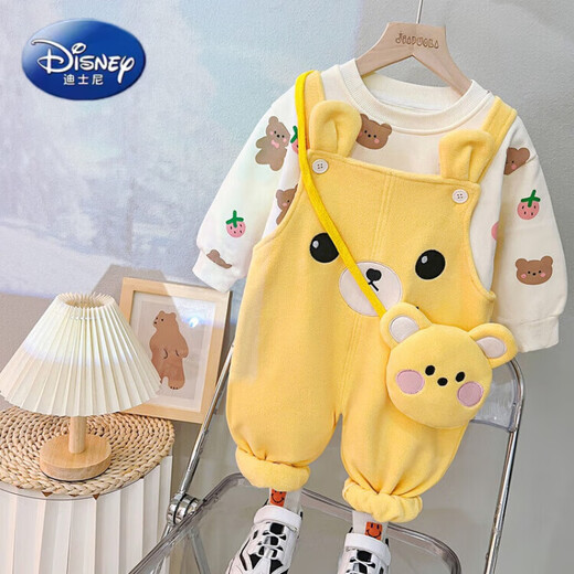 迪士尼（Disney）背带裤女童春装2025新款加绒潮童装洋气儿童衣服一岁宝宝春秋套装 粉色 80 cm