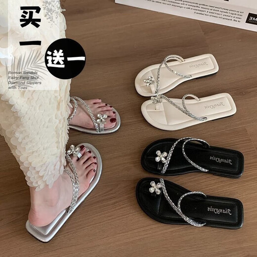 快乐玛丽（J&M）夹脚拖鞋女夏季韩版法式套趾时尚海边配裙子水钻凉拖 温州惠东真皮凉鞋女-黑色 6626b 40 凉拖鞋女2025新款