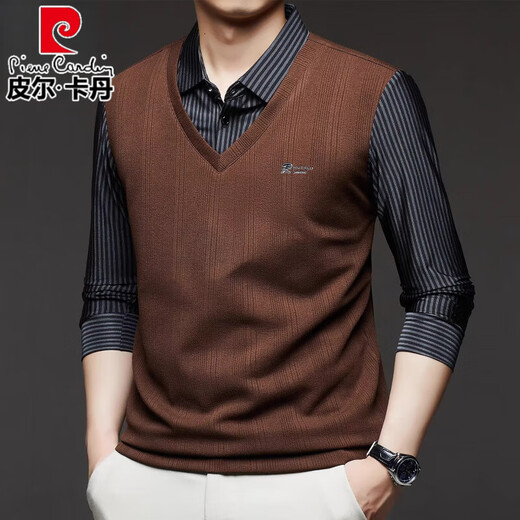 皮尔卡丹（pierre cardin）高档假两件男士长袖t恤2025年秋季新款潮流上衣商务休闲打底衫男 Z9758灰色 4XL 130【171-200】