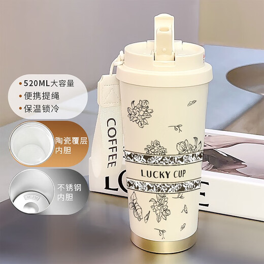 Lock Lock Ladies Thermalbecher Cartoon Großkapazität Student Stroh hochpräziser Sportwasser Tasse Tragbarer Kaffeetasse Antike Weiß-BXAB1098 Blume Edelstahl Stahl