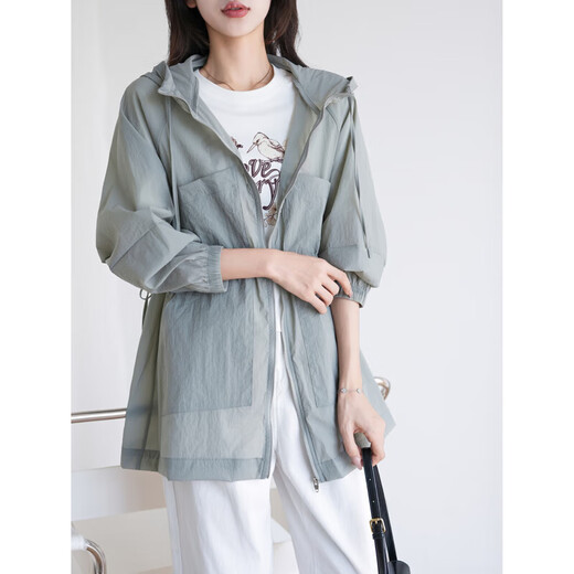 
TOUCH MISS long-sleeved thin coat for women 2025 summer new loose lazy style drawstring waist hooded top for women green L