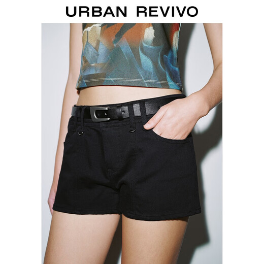 UR2025 Summer New Women's Fashion Casual Versatile Belt Decorated Denim Shorts UYY850134 True Black (Short) 26