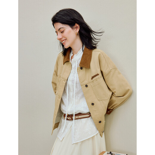 
InMAN (INMAN) Bane style imitation denim jacket 2025 autumn women's new 100 cotton drop-roller sleeve loose top light khaki M
