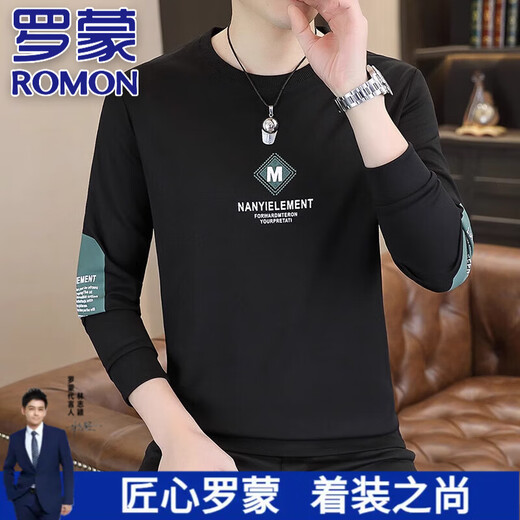 ROMON pure cotton round neck sweatshirt men's long-sleeved T-shirt for spring and autumn new trendy casual printed white base T-shirt 9905 white M [90-110Jin [Jin equals 0.5 kg]]
