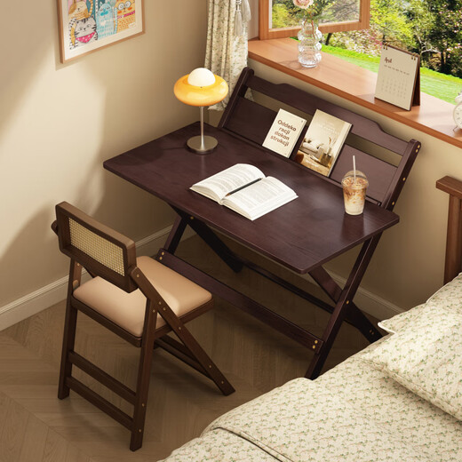 Tiger carved bamboo foldable desk writing table Chinese style small apartment rental special children's study desk bedside table black walnut color 80cm foldable style