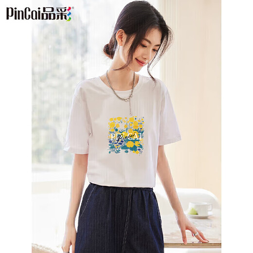 品彩（PinCai）短袖t恤女夏花卉印花字母上衣女时尚宽松圆领内搭 P144T1656