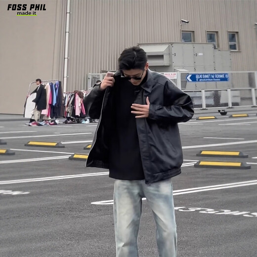 Foss Phil leather jacket men's autumn and winter retro pu leather jacket casual lapel solid color top Q2499 black L