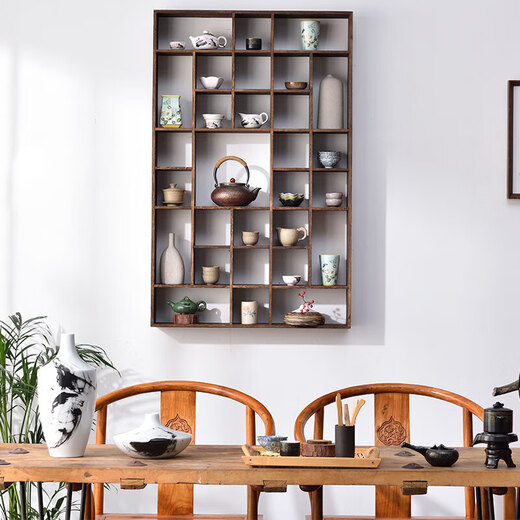 Él Jiangongbo estante antiguo de madera maciza pared china pared pared de madera sólida duobaoge taza de té tetera juego de té juego de almacenamiento de almacenamiento de pared especial 4839 gran tamaño tamaño gran tamaño
