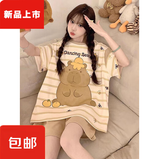 胖东来睡衣女夏季年新款纯棉短袖大码胖mm卡通可爱Kiti猫居服套 短-Z-9928 M 【建议80-100斤】