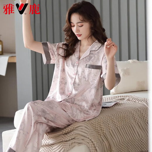 Yalu high-end 2025 pajamas for women in summer satin short-sleeved trousers new summer silk summer middle-aged mother home clothes 6626 2XL (weight 140-160Jin [Jin equals 0.5 kg])