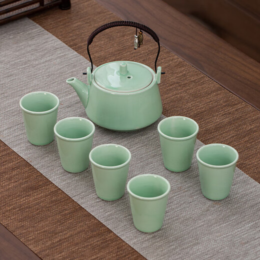 Celadon handle teapot Kung Fu tea set ceramic household simple teapot tea cup complete set Japanese style small set 7-head celadon hand holding pot flat cup