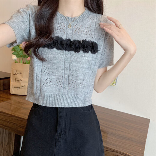 Hang Xindong Camiseta de hombro de manga corta para mujeres Sweter huecas de seda de seda de hielo de verano para mujeres Diseño de nicho de top 9767 único de albaricoque, un tamaño (70-125 Jin [Jin equivale a 0.5 kg] se puede usar)
