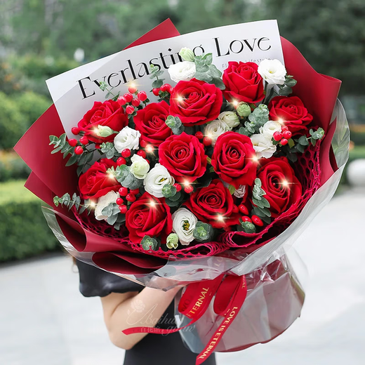 Baihuaguan Flowers Red Roses Full of Gypsophila Real Bouquet Birthday Gift for Girlfriend to Confess to My Wife City Delivery within Hours Fulfill the Original Aspiration 11 Red Roses + Platycodon + Red Beans | JD268