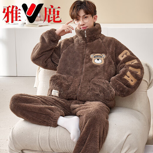 雅鹿珊瑚绒睡衣男士秋冬款加绒加厚青少年加大码法兰绒家居服套装冬季 XQ绒9928 M [小码L]]建议身高163C左右，体