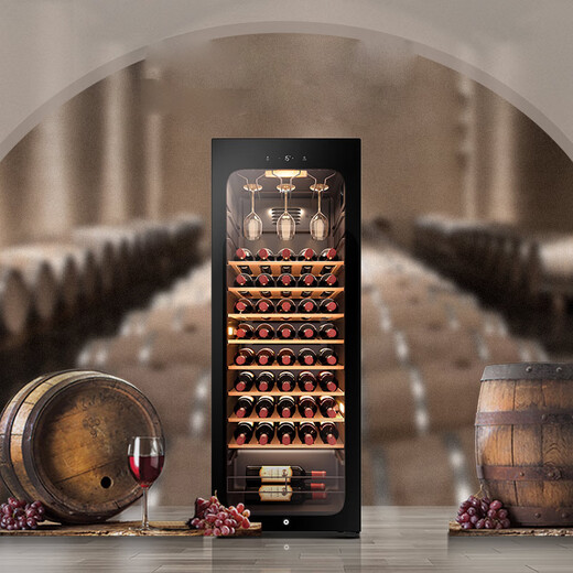 Haier home red wine cabinet, vertical humidifier, refrigerated fresh-keeping cabinet, air-cooled cabinet, wine wine cabinet, refrigerated fresh-keeping display cabinet, tea cigar cabinet, first-class energy efficiency, 150 liters, 52 bottles, uniform temperature throughout the space + hanging cup area, piano black