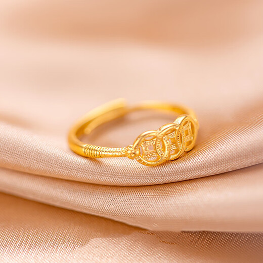 RSRDDY Lao Fengxiang 18k gold ring women's money string 999 copper coin ring ring live index finger ring gift 0.01g Lao Fengxiang same style money ring x live mouth