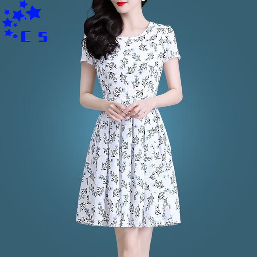 CS.LION Temperament Reducing Ice Silk Dress 2025 New High-end Women's Short Sleeve Middle-aged and Elderly Mother Summer Skirt for Women Summer 9905 Skirt M 80-100Jin [Jin equals 0.5 kg]