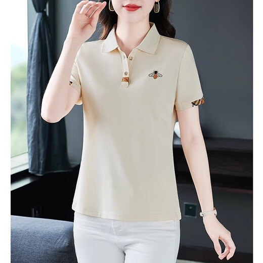 
Middle-aged mother dressed in temperament lapel polo shirt for women T-shirt short-sleeved fashionable summer new slim loose top YB-833 ​​apricot XL [Suggested 110-125 Jin [Jin equals 0.5 kg]]