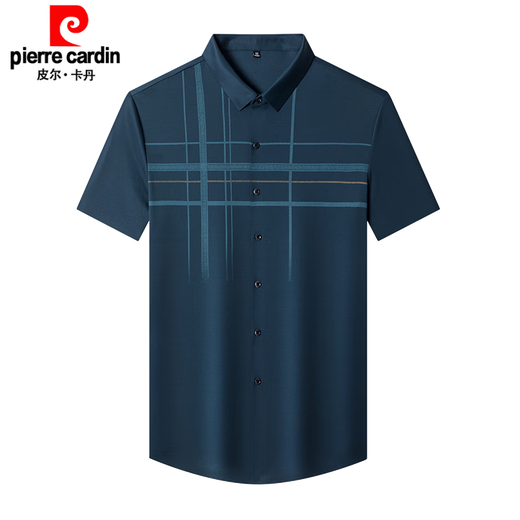 Pierre Cardin 2025 Camisa de manga corta para hombres de mediana edad Lapa a cuadros de seda de seda de seda de hilo de rayas delgadas de moda