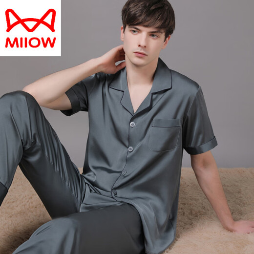 猫人（MiiOW）真丝睡衣男士2025年新款夏季薄款短袖长裤丝绸感大码套装 大气黑6223 L (115-140斤)