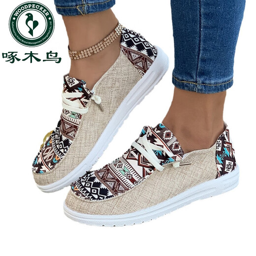 Woodpecker 2025 summer new canvas shoes lace-up loafers women's shoes versatile flat casual shoes mother shoes single shoes women's shoes black 37