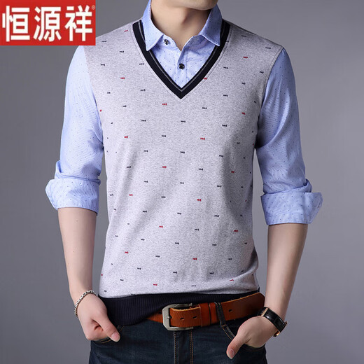 
Hengyuanxiang shirt collar fake two-piece T-shirt men's long-sleeved middle-aged spring and autumn base shirt Korean style slim knitted T-shirt men's trendy top 3878 red L reference 115-130Jin [Jin equals 0.5 kg]