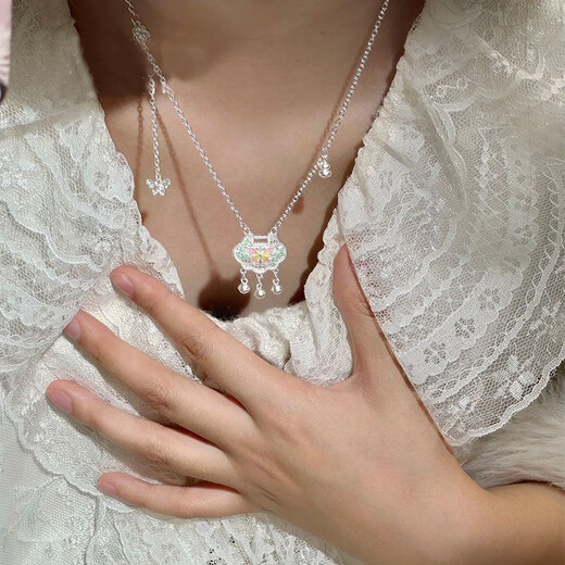 VTLS999 sterling silver necklace women's foot silver safety lock enamel pendant Christmas and Valentine's Day gift for girlfriend S999 sterling silver necklace bow gift box + engraving