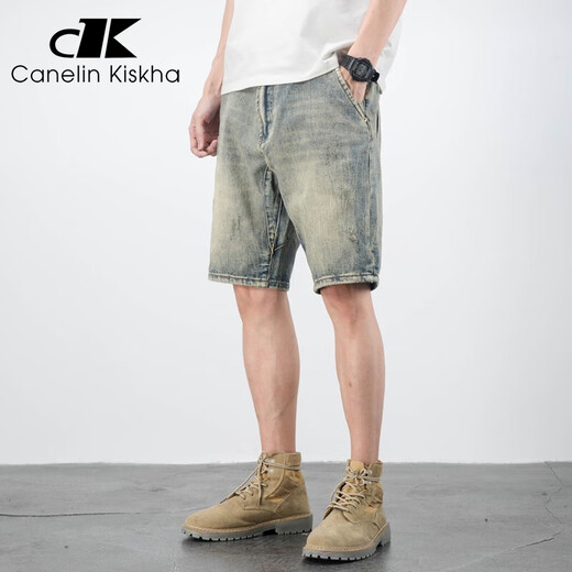 Canelin Kiskha American casual retro beggar ripped men's denim shorts men's loose trendy cropped pants summer thin mid-sized pants blue 719 size 29