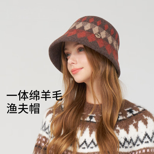 Kenmont 100% sheep wool woven plaid jacquard fisherman hat women's autumn and winter foldable ear protection warm basin hat km-9527