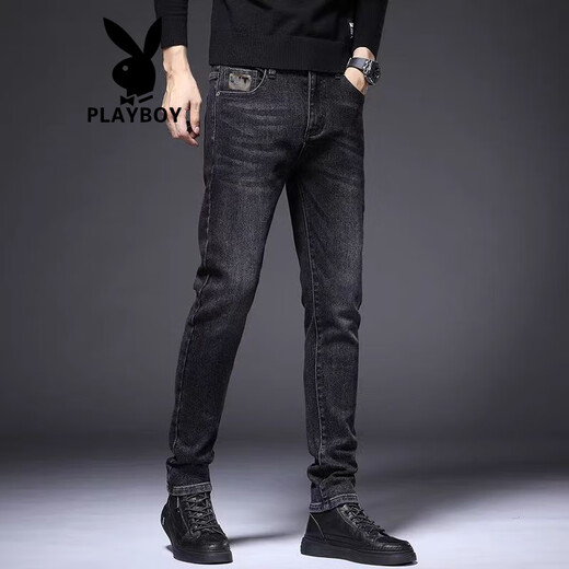 花花公子（PLAYBOY）香港高端黑灰色牛仔裤男修身小脚潮牌2025夏季新款弹力休闲裤子男 1049灰色 28