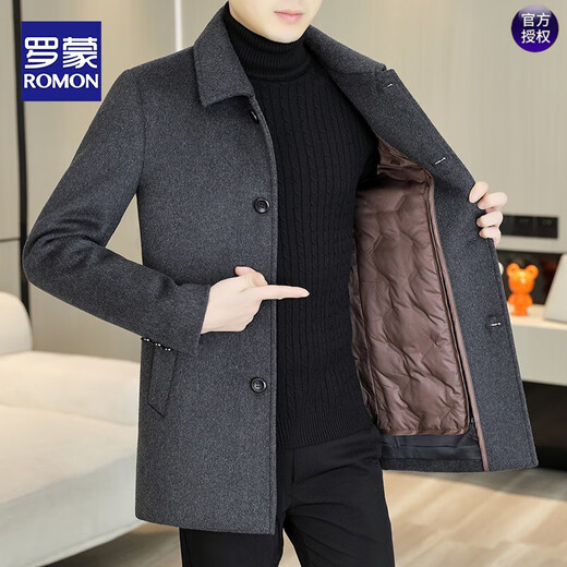 ROMON woolen coat men's mid-length lapel woolen windbreaker men's autumn and winter down liner jacket men's thickened black + down liner XL recommended 146Jin Jin equal to less than 0.5kg