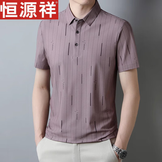 恒源祥高端短袖T恤男冰丝潮牌翻领POLO衫中青年休闲宽松竖条纹t 蓝色 DN6625 2XL 180