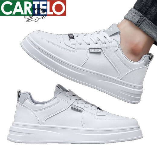 卡帝乐鳄鱼（CARTELO）高帮男鞋春秋款皮面运动鞋男2025新款休闲小白鞋男士潮流百搭板鞋 白灰A16813【精选款】 40