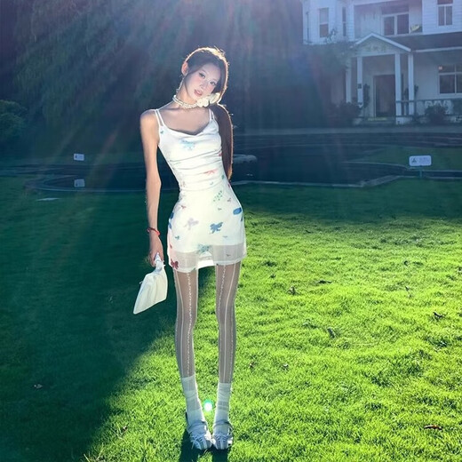 Dodinison Dating und Fischereistil sanftes weißes Schmetterling gedrucktes Kleid für Frauen Sommerdesign Kurzrock -Suspender Kleid gefälschte zwei Stücke weiße [geeignet für 95 Jin [Jin gleich 0,5 kg] unten]
