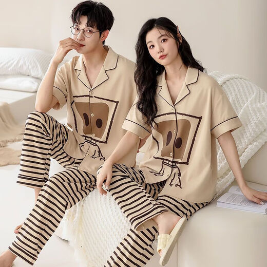 Yimi Mei zwei Anzug Paar Pyjamas Frühlings- und Sommer-Kurzärärmel-Strickjacke Square Collar Herren Hausbekleidungsanzug SKS 693 M Frauen m