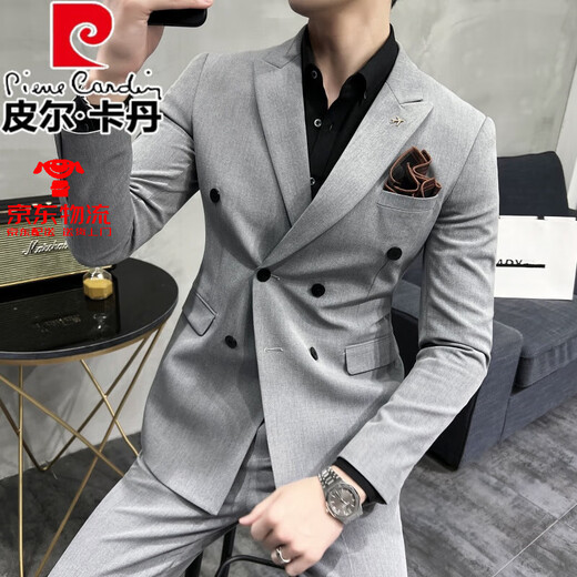 皮尔卡丹（pierre cardin）新郎西服套装男士三件套英伦休闲商务西装男结婚礼服修身帅气春秋 9888%23深灰色(西装+马甲+西裤) M